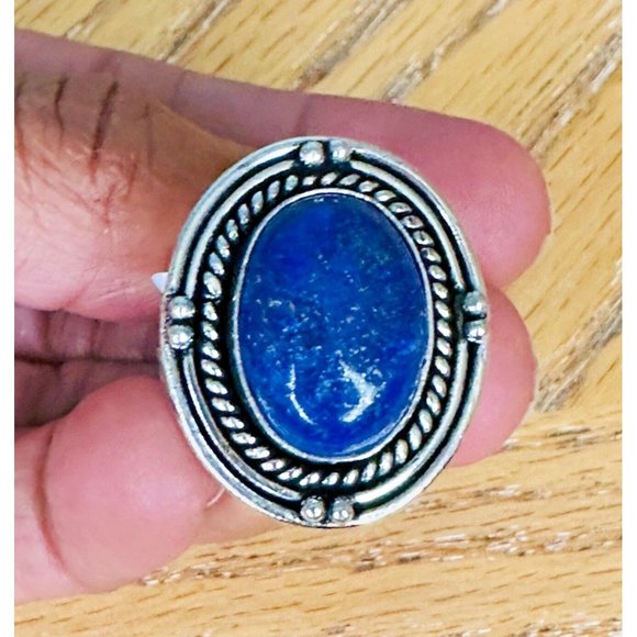Lapis Lazuli Real Gemstone Ring 1 Inch Embellished Setting Ring Size 8 - Picture 6 of 8